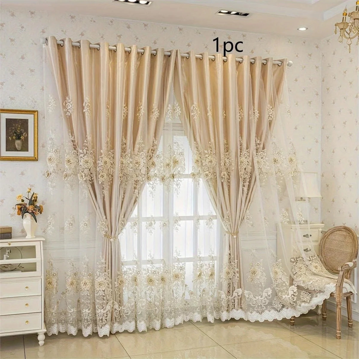 Double layer embroidered blackout curtain panels in beige and white on a window