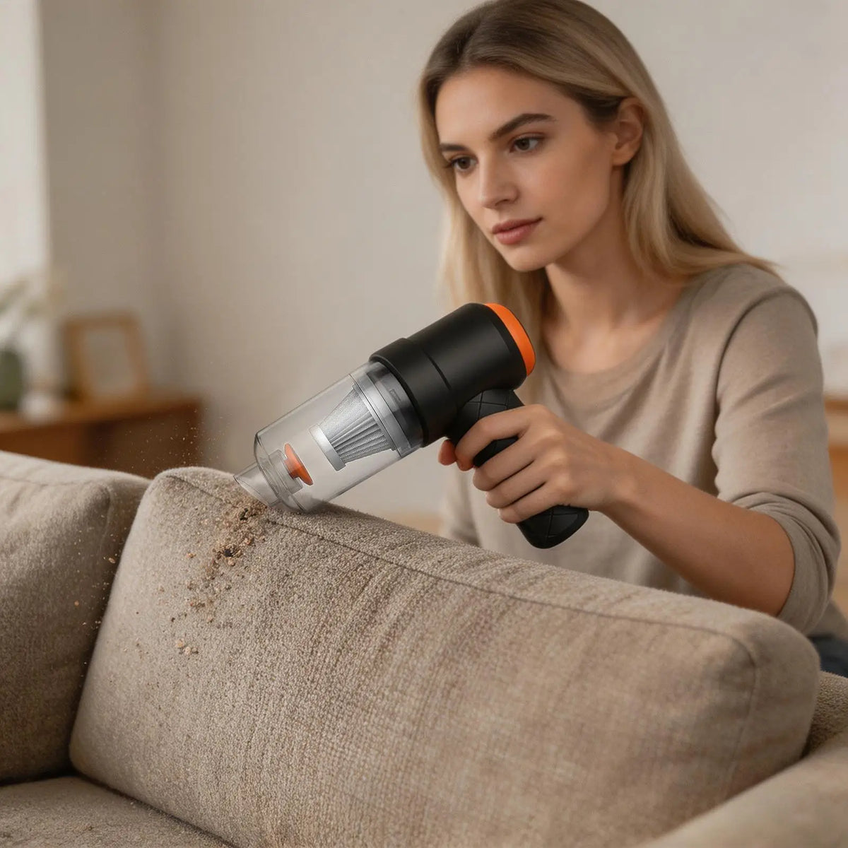A woman is using a black and orange cordless handheld car vacuum cleaner to clean a sofa.