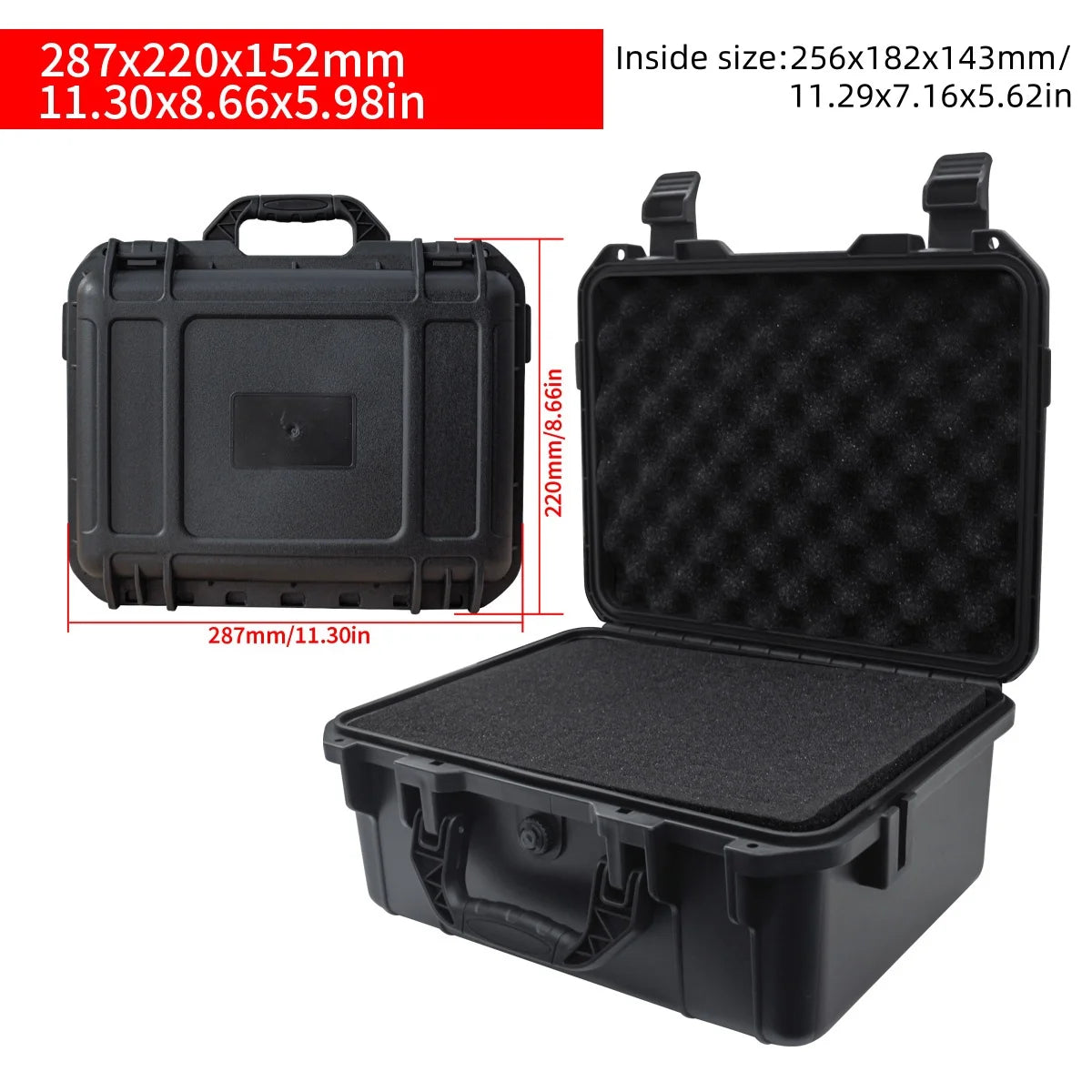 Black portable hard shell toolbox with a foam insert shown in various views.