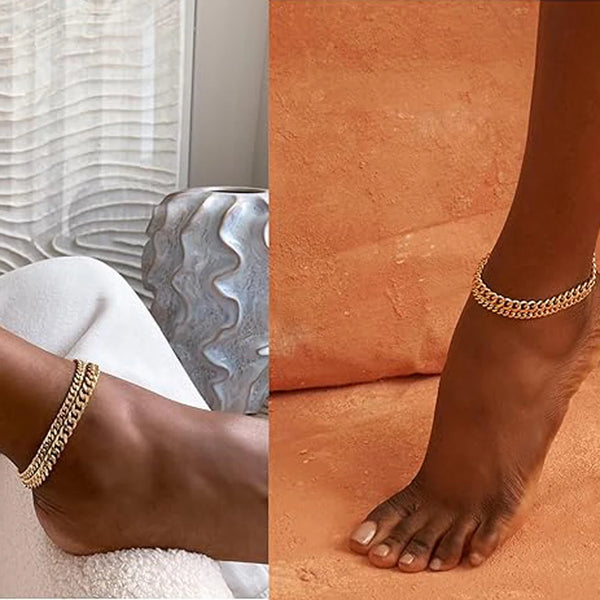 14K Gold-Plated Cuban Chain Anklet Set