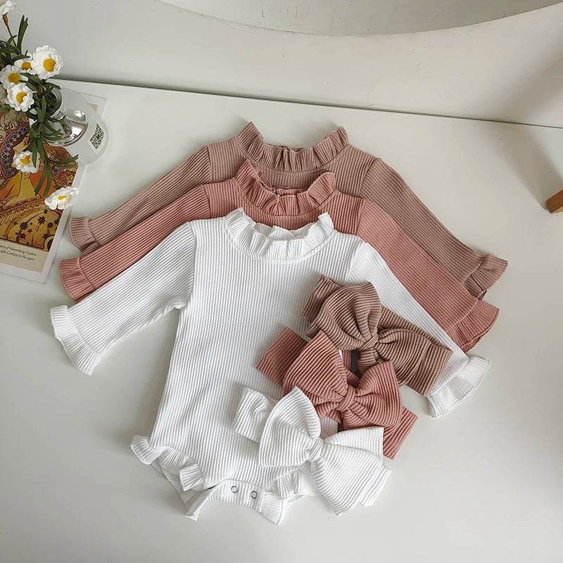 Cotton Romper Set with Bow Headband for Baby Girls