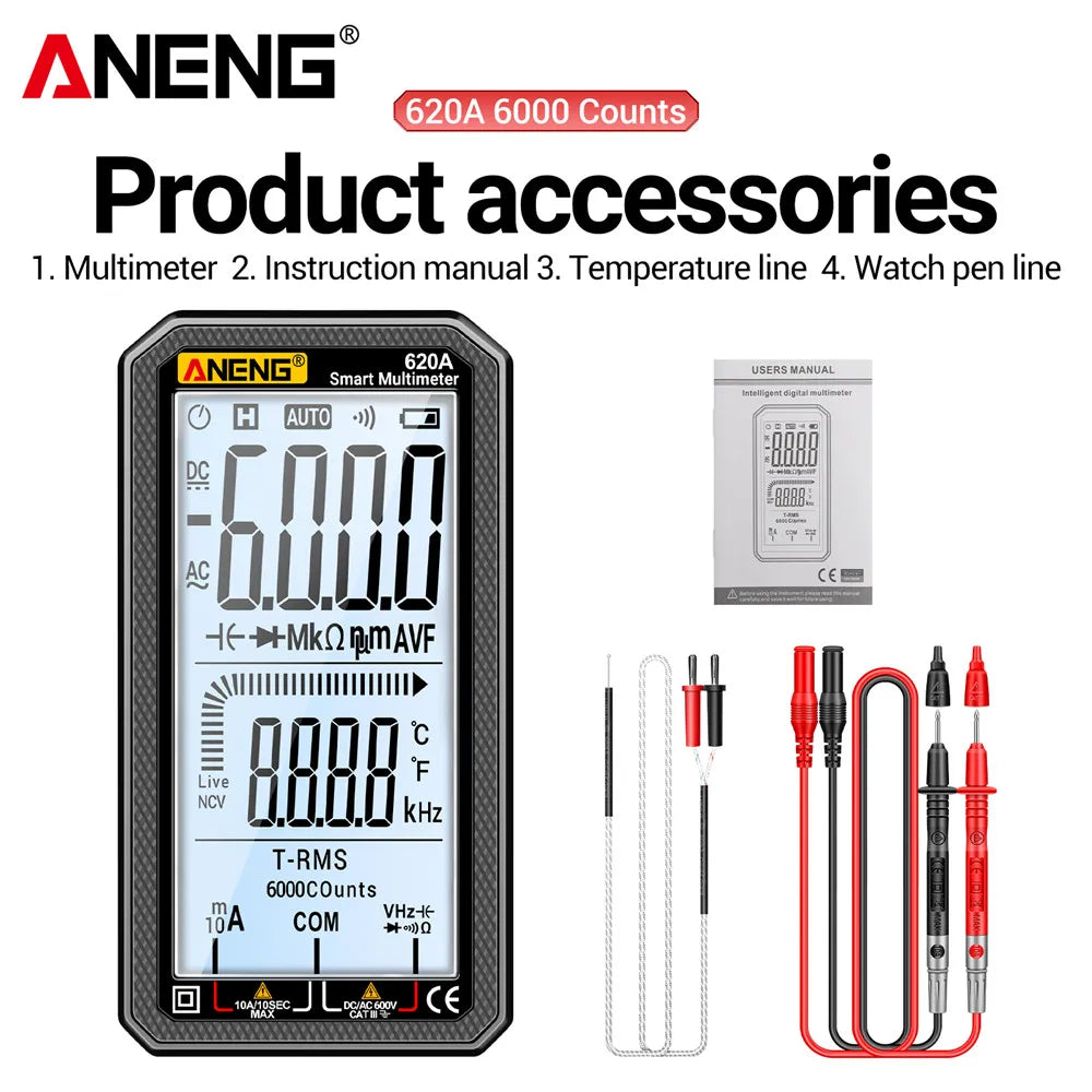 AnENG 620A Smart Multimeter with accessories including instruction manual, temperature line, and watch pen line.