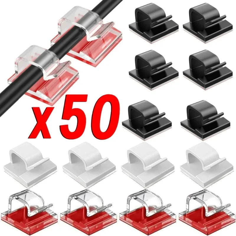 A set of 50 black adhesive cable organizer clips for desk and home use.