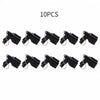 A set of ten black mini pistol-shaped keychain accessories.