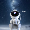 A white astronaut figure shaped like a star is illuminated against a dark, starry night background.