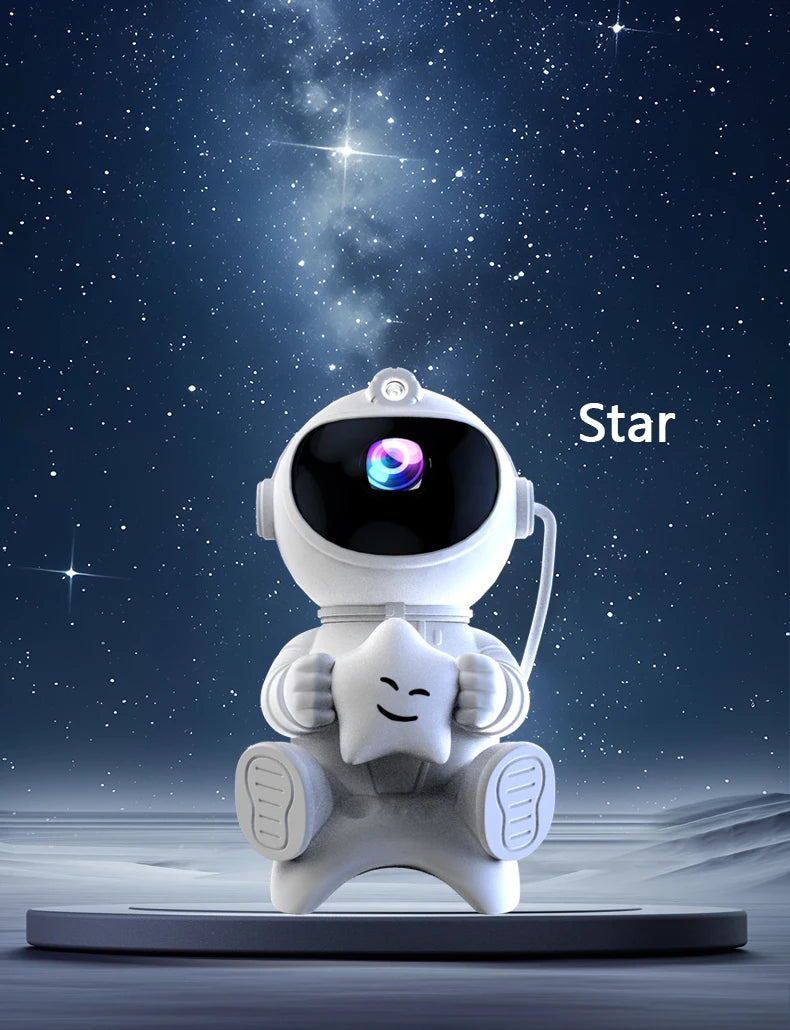 A white astronaut figure shaped like a star is illuminated against a dark, starry night background.