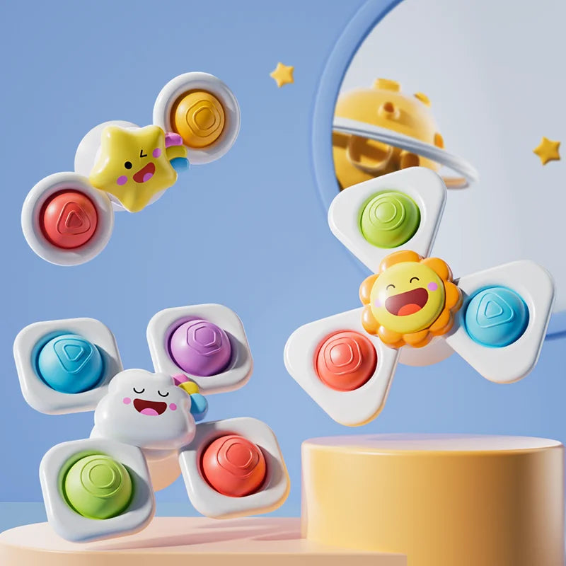 A collection of colorful, ocean-themed spinning bath toys with various shapes and colors displayed against a light blue backg