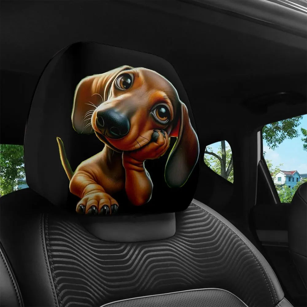 A close-up photo of a cute brown dachshund dog head featured on a car headrest cover.