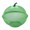 A green metal fruit basket with a mesh cover and storage organizer.