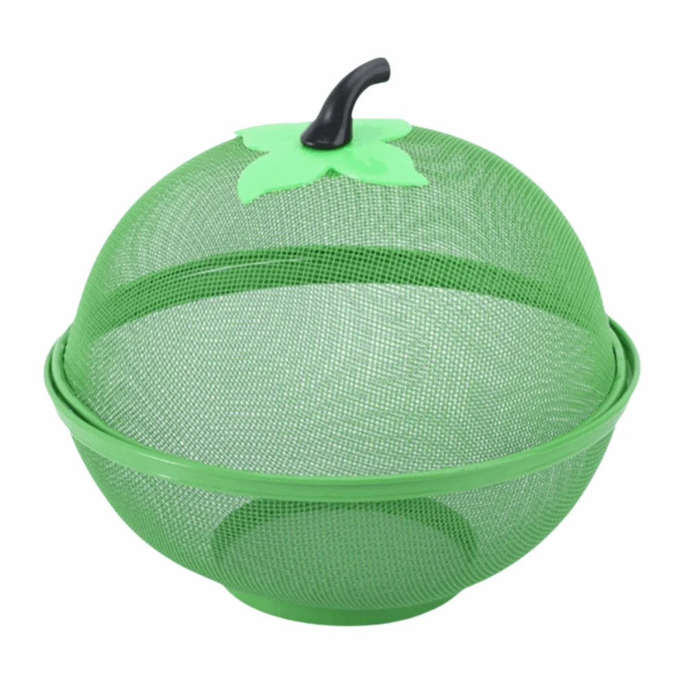 A green metal fruit basket with a mesh cover and storage organizer.