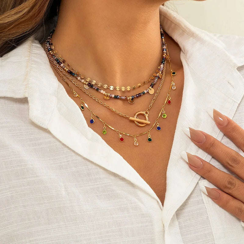 Boho Crystal Sequin Tassel Choker Necklace Set