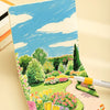 A watercolor painting of a landscape with trees and flowers on a sheet of 200g drawing paper.