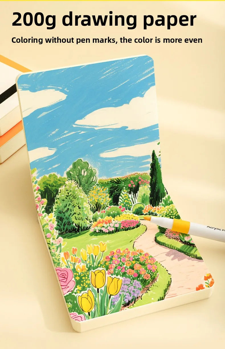 A watercolor painting of a landscape with trees and flowers on a sheet of 200g drawing paper.