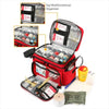 A red multifunctional organizer bag showing various medical supplies and tools inside.