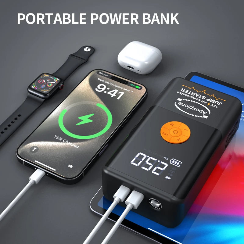 A portable power bank is shown with a smartphone and a small white device, demonstrating its charging capabilities.