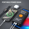 A portable power bank is shown with a smartphone and a small white device, demonstrating its charging capabilities.