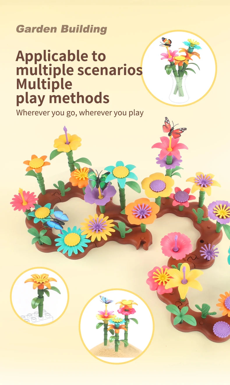A colorful wooden flower garden building toy featuring various flowers and plants for play.