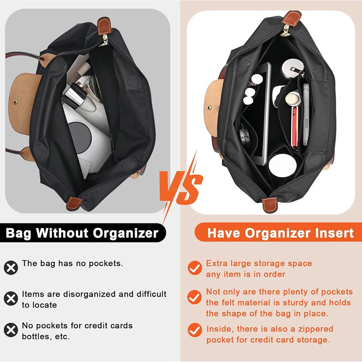 Vergleich: Tasche ohne Organizer vs. Tasche mit Filz-Organizer für Longchamp-Handtaschen