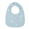 Light blue baby bib with a U-shaped design featuring a white snowflake pattern