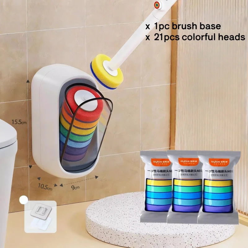 A wall-mounted disposable toilet cleaning kit with a brush base and colorful heads is shown against a light background.