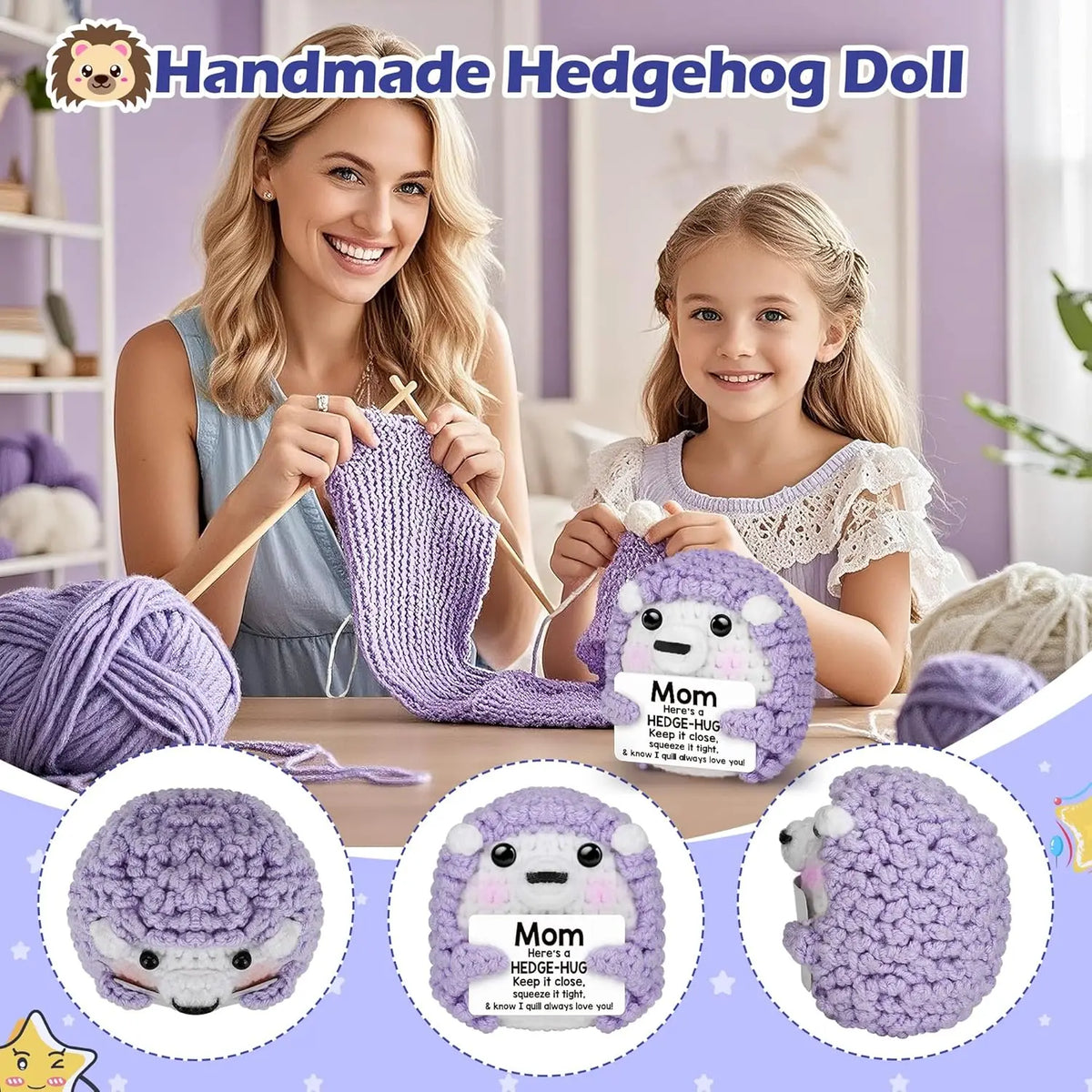 A woman and a girl are holding handmade crochet hedgehog dolls in purple and gray yarn.