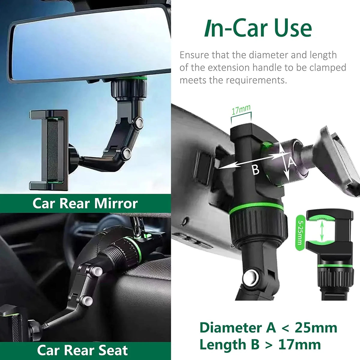 In-car use of a clampable extension handle for a car rear mirror, with specifications Diameter A < 25mm and Length B > 17mm.