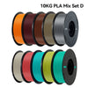 A set of ten 10KG PLA filament spools in various colors, including orange, brown, gray, and teal.