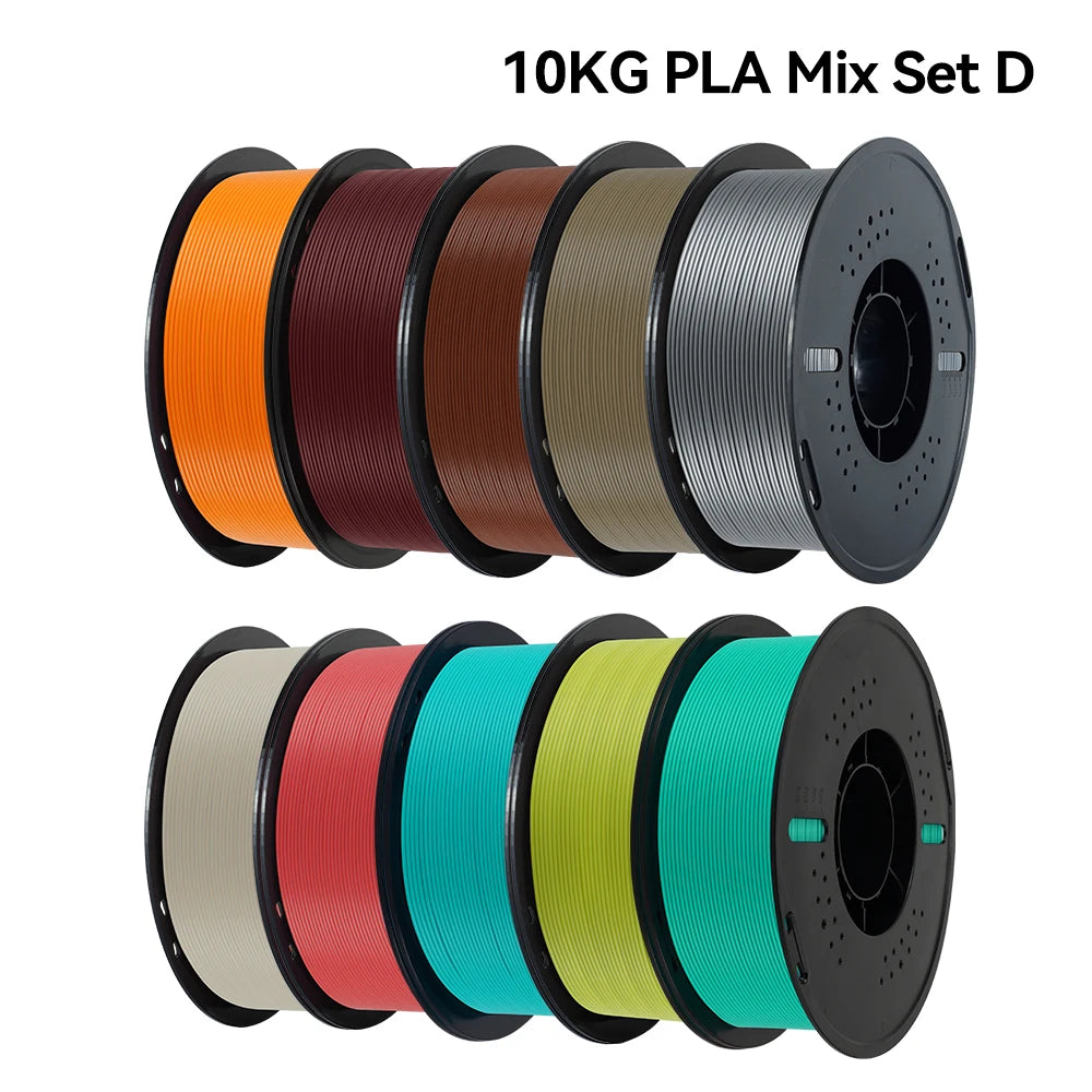 A set of ten 10KG PLA filament spools in various colors, including orange, brown, gray, and teal.