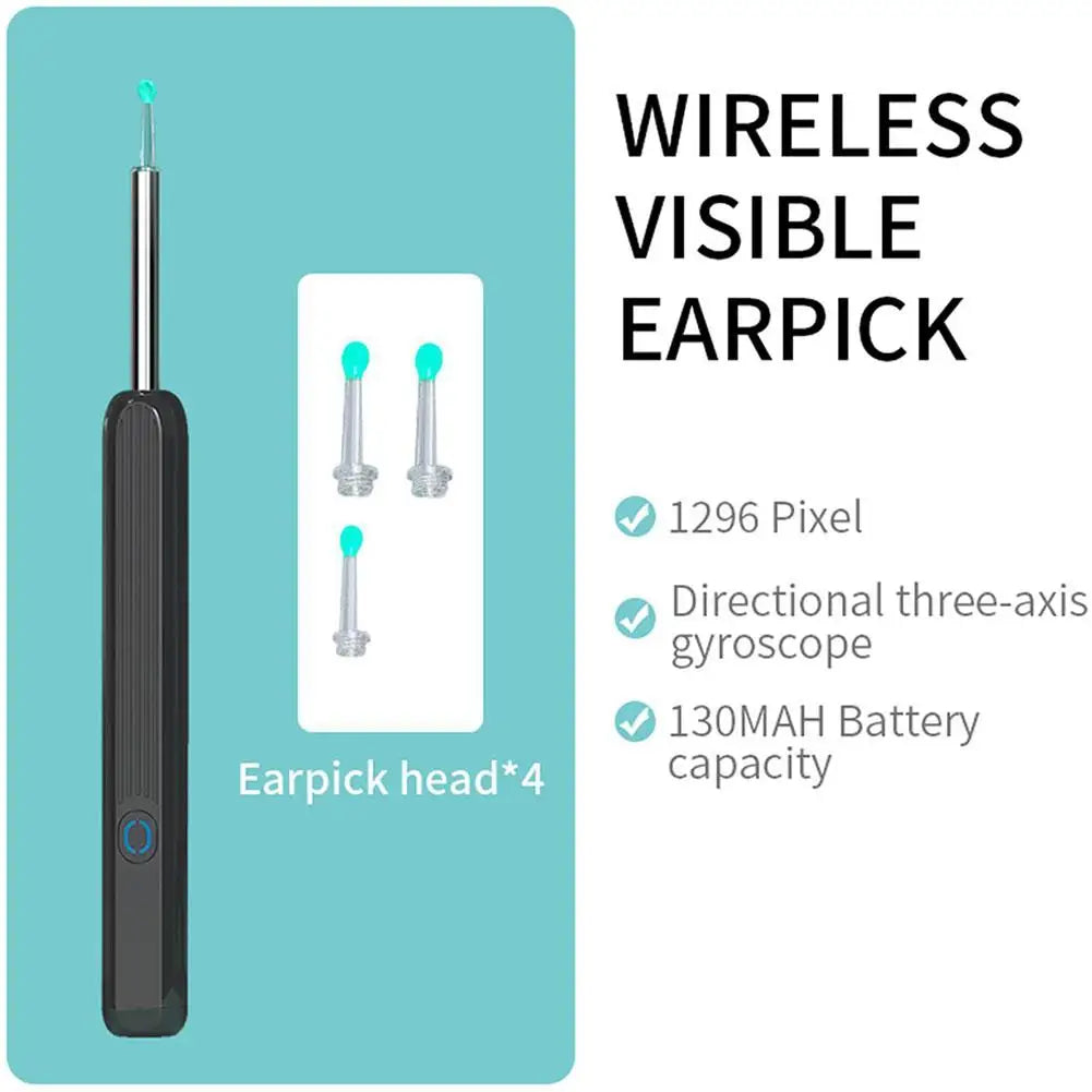 A black wireless visible earpick device is shown next to a white card detailing its features like 1296 pixels and a direction