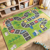 A green play mat featuring a maze of cars and traffic signs for kids in a nursery or playroom.