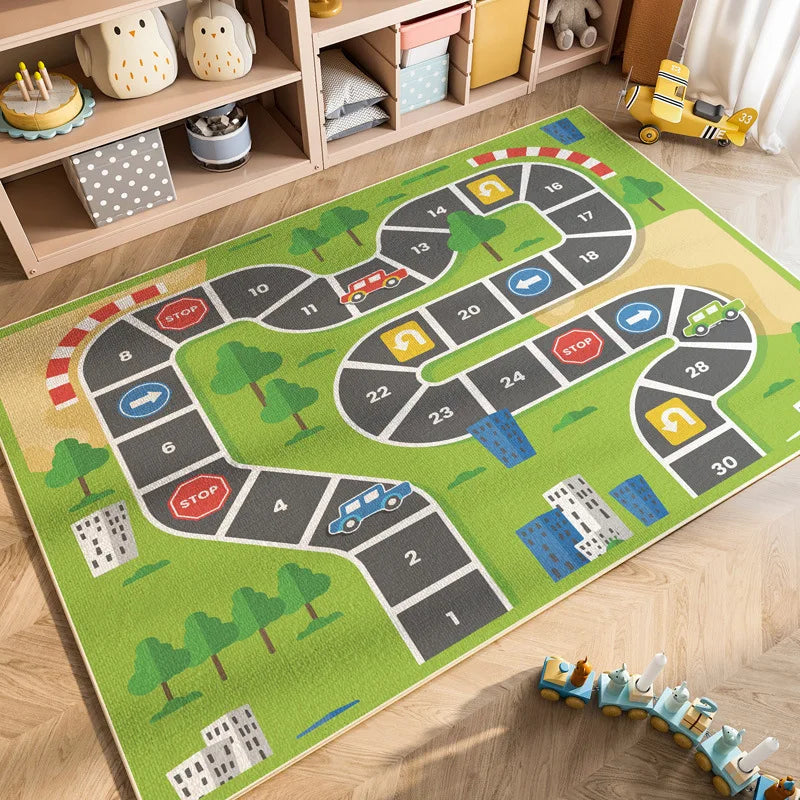A green play mat featuring a maze of cars and traffic signs for kids in a nursery or playroom.