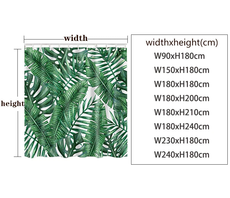 A pattern of green tropical leaves on a shower curtain.