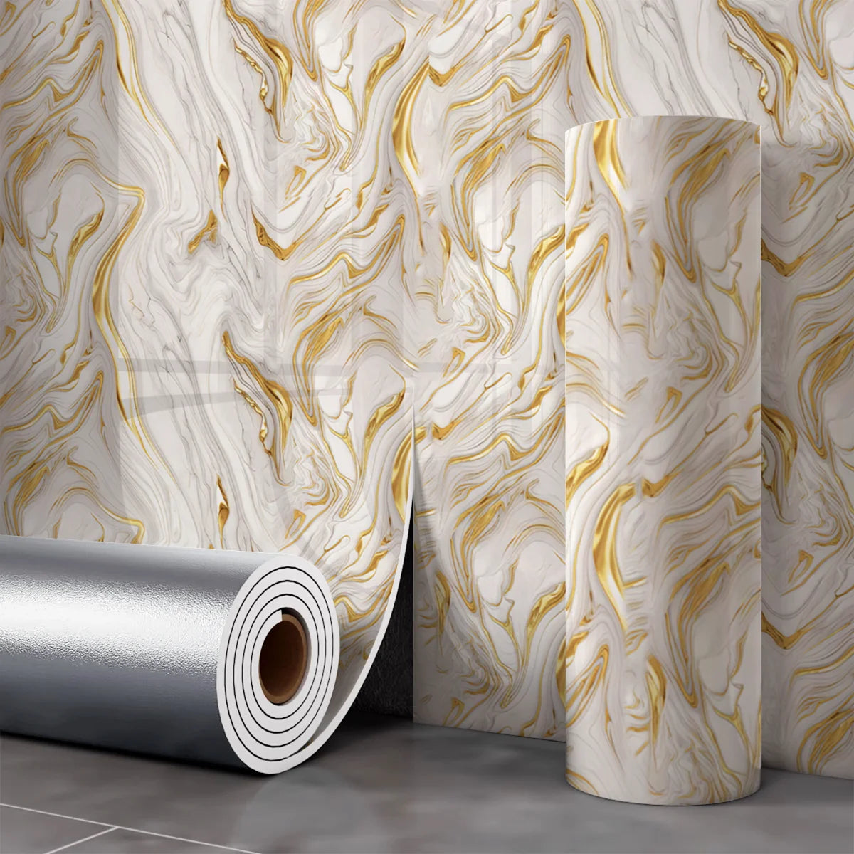 Roll of self-adhesive marble wall sticker featuring swirling gold veins on a white background
