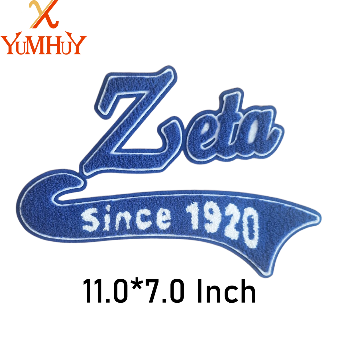 A blue chenille iron-on patch featuring the word Zeta and the text Since 1920.