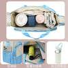 A light blue multifunctional diaper bag set featuring a main compartment and an attached zippered pouch.
