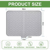 A gray silicone dish drying mat with a built-in drain lip, showing its dimensions and features.