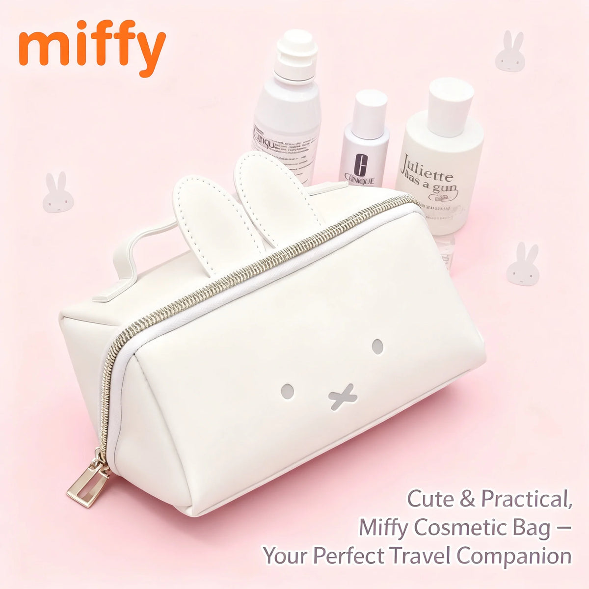 A white Miffy cartoon rabbit cosmetic bag with a zipper and a small charm, shown on a pink background.
