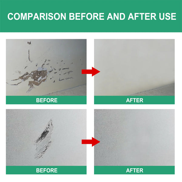 Comparison showing wall damage before and after using Quick-Dry Wall Repair Paste.