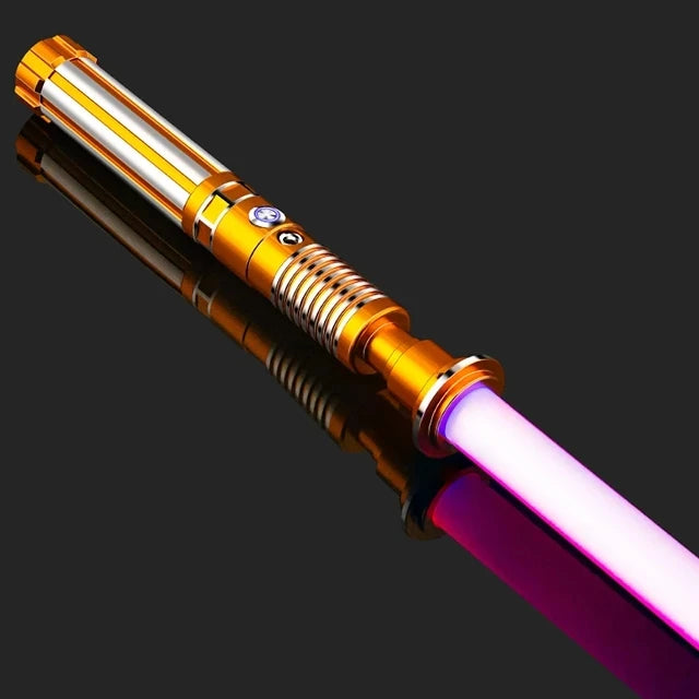 An RGB metal lightsaber with a gold hilt and purple blade, shown diagonally against a dark background.