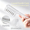 A clear liquid guide care comb with spring-loaded roller massage teeth is shown being held by a hand.
