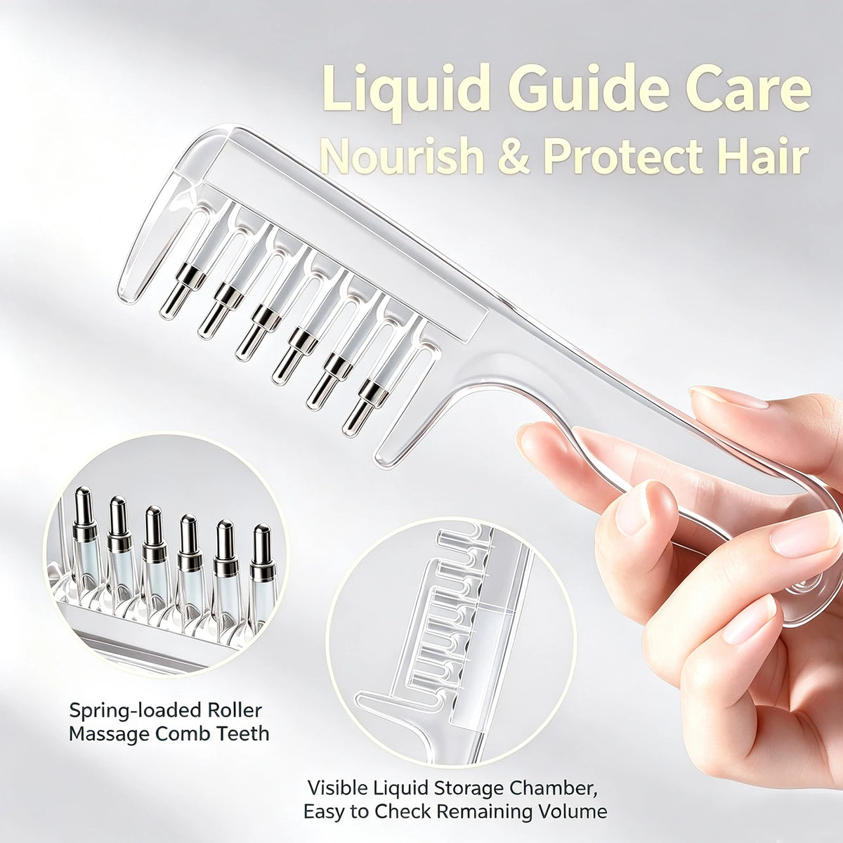 A clear liquid guide care comb with spring-loaded roller massage teeth is shown being held by a hand.