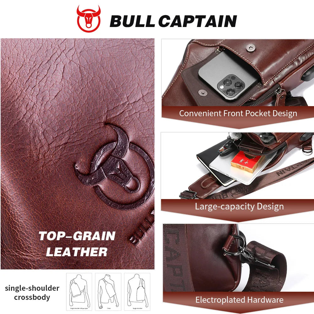 Men's Genuine Leather Sling Backpack with USB Charging Port