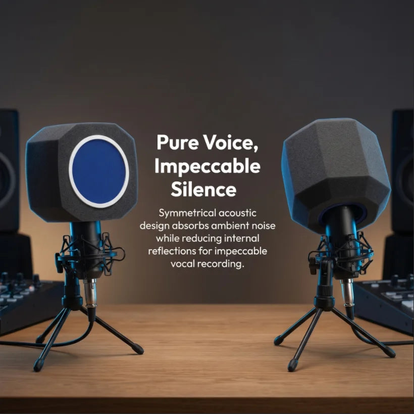 Two studio-grade microphones with foam isolation shields are displayed on a wooden surface.