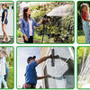 A family is playing with an expandable garden hose that produces various spray patterns in a backyard setting.