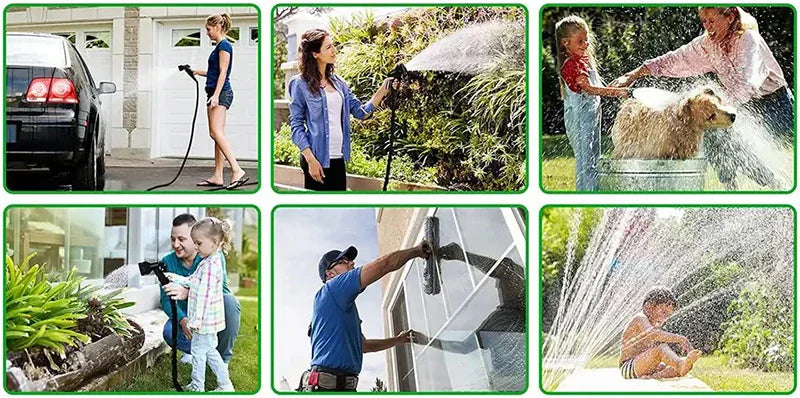 A family is playing with an expandable garden hose that produces various spray patterns in a backyard setting.
