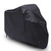 Black all-weather motorcycle cover with anti-theft locks shown from the side.