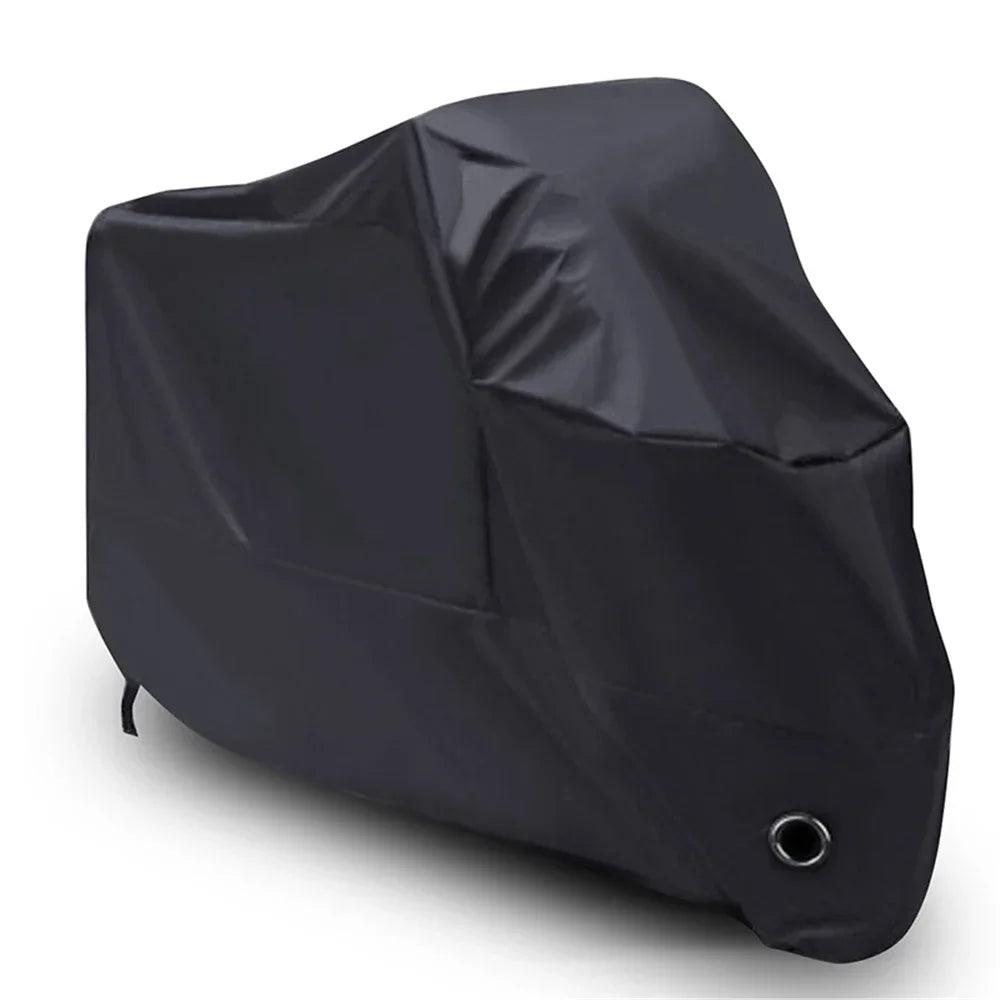 Black all-weather motorcycle cover with anti-theft locks shown from the side.