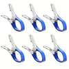 Six stainless steel pool cover clips with blue comfort grip handles