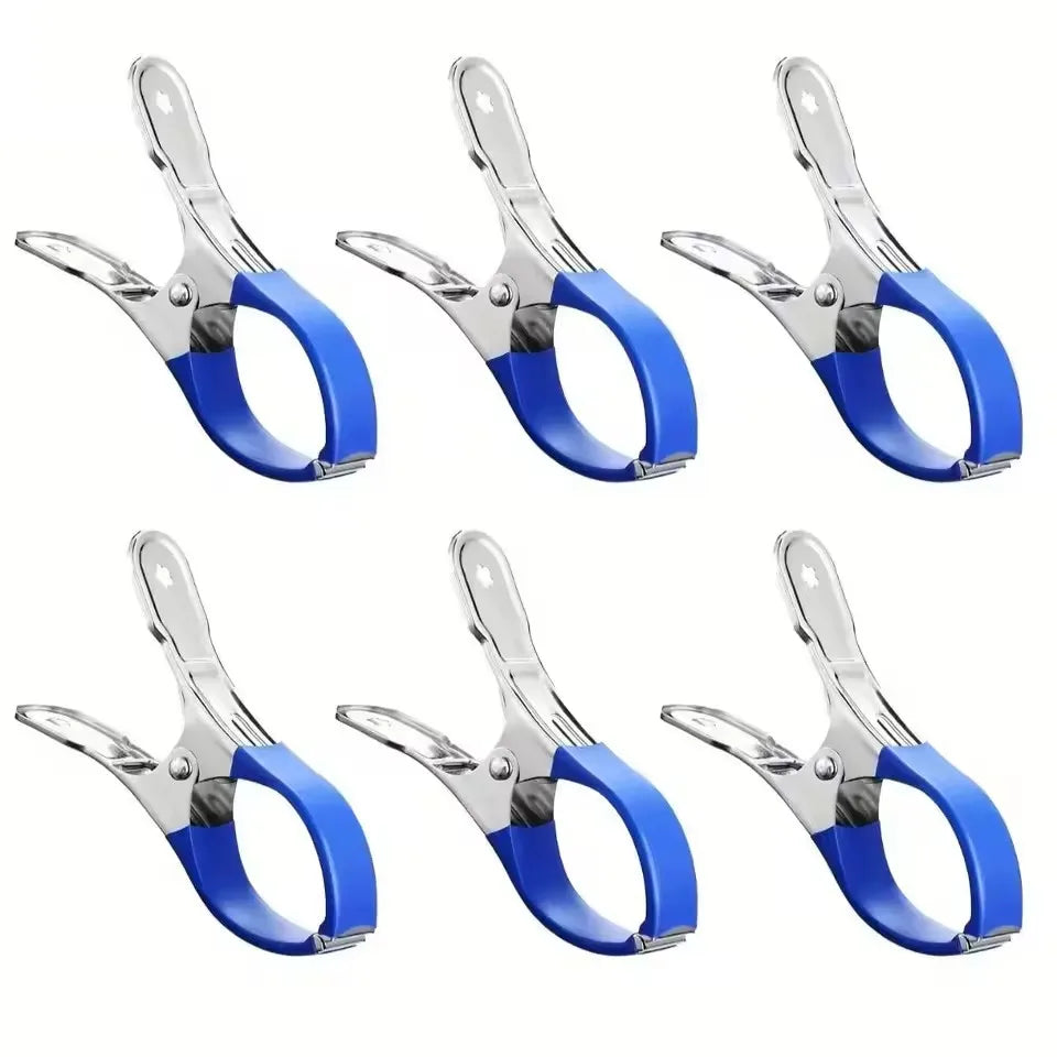 Six stainless steel pool cover clips with blue comfort grip handles