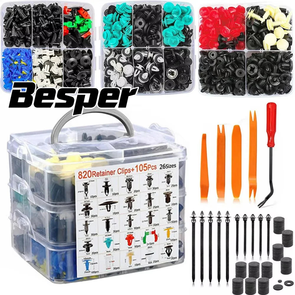 A box of 820 Retainer Clips with 105 pieces and various sizes for automotive trim and panels.